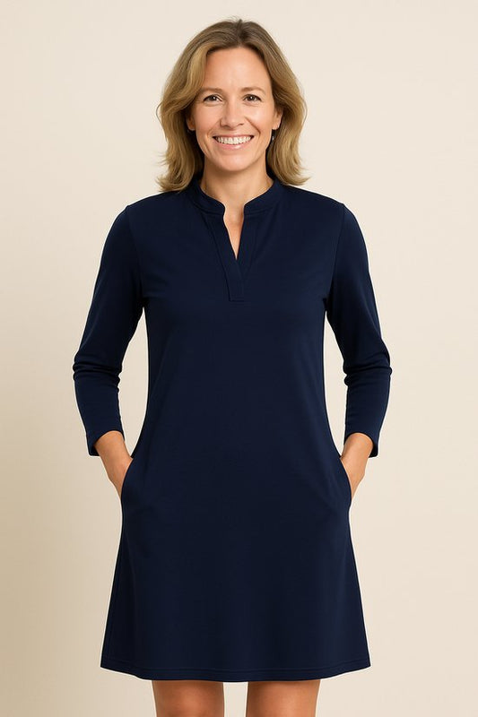 Angelle Milan – Reisestoffkleid für Damen – Blau/Rosa Kleid – Atmungsaktiv – Knitterfrei – Nachhaltiges Kleid – In 5 Größen