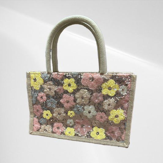 Elegante Jutehandtasche mit handgefertigtem Design – natürliche Jute und Pailletten – geräumig und stilvoll für legere und formelle Anlässe – in 5 Varianten!
