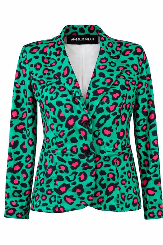 Angelle Milan – Blazer aus Reisestoff mit grün-fuchsiafarbenem Aufdruck für Damen – Reisestoff – Komfort – Bügelfrei – Nachhaltig – In 5 Größen!