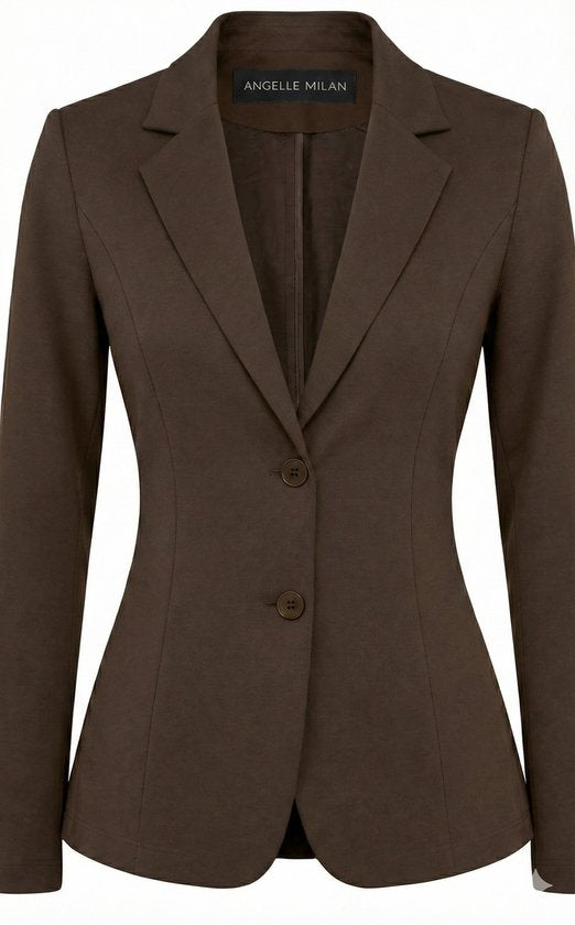 Angelle Milan – Damen Blazer aus Reisestoff – Braune Jacke mit 2 Knöpfen – Atmungsaktiv – Knitterfrei