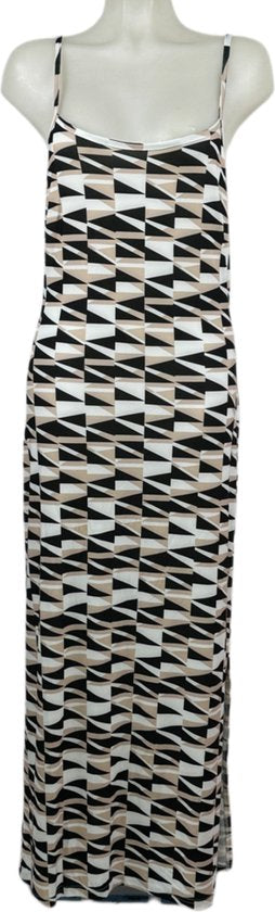 Angelle Milan – Reisestoffkleid – Beige/Schwarz/Weißes Dreiecks-Langes Kleid mit Trägern – Atmungsaktiv – Knitterfrei – Nachhaltiges Kleid