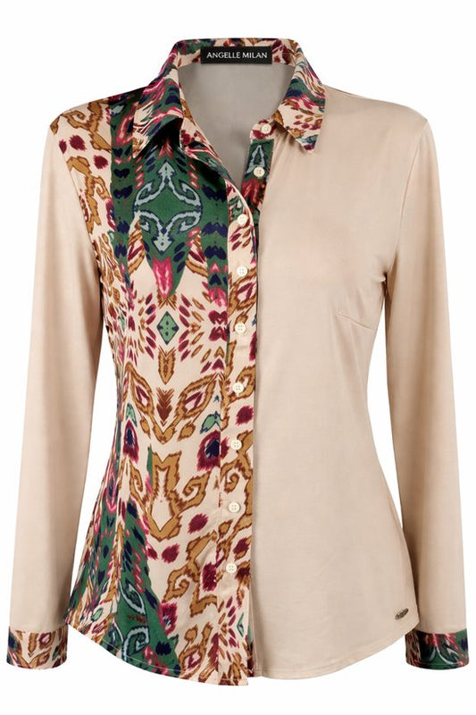 Angelle Milan – Bluse aus Reisestoff in 50/50 Grün/Beige für Damen – Reisestoff – Komfort – Bügelfrei – Nachhaltig – In 5 Größen!