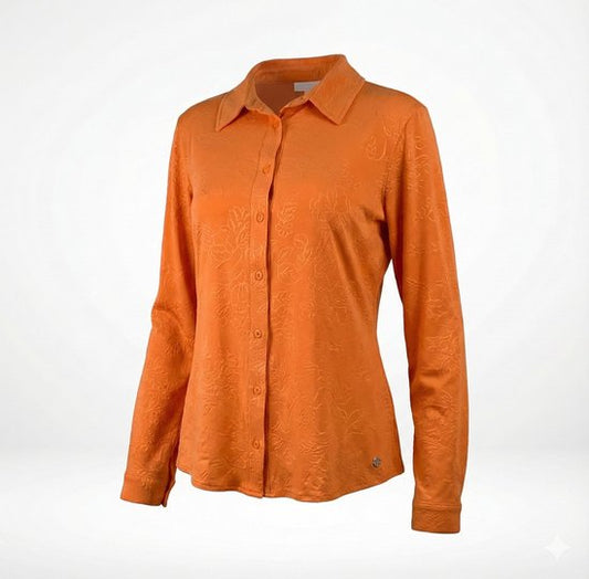 Angelle Milan - Orangefarbene Bluse aus Reisestoff mit Blättern - Reisestoff - In 5 Größen