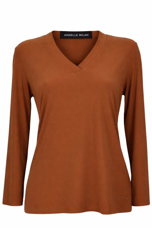 Angelle Milan – Bluse aus Reisestoff – Unifarbene Cognac-Bluse – Atmungsaktiv – Knitterfrei – Nachhaltige Bluse