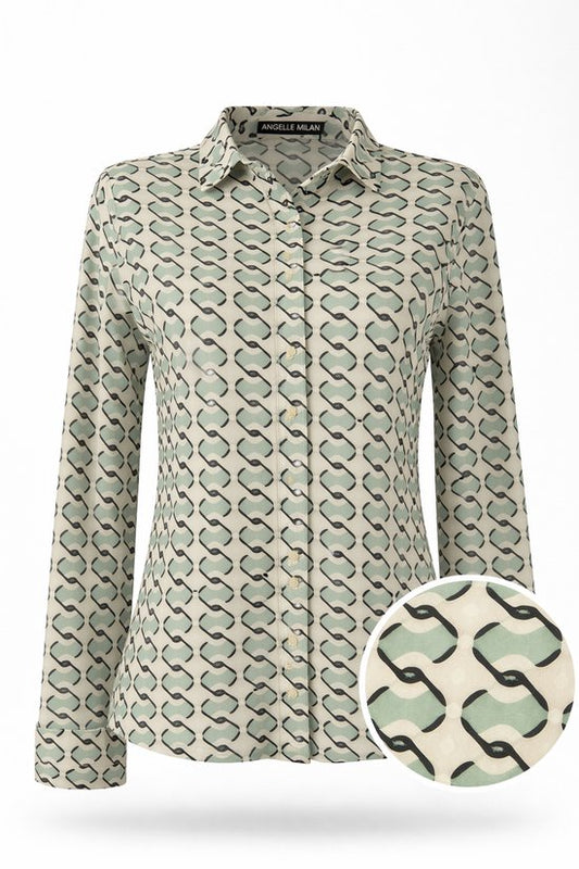 Angelle Milan – Beige/Grüne Bluse aus Reisestoff für Damen – Reisestoff – Komfort – Bügelfrei – Nachhaltig – In 5 Größen!