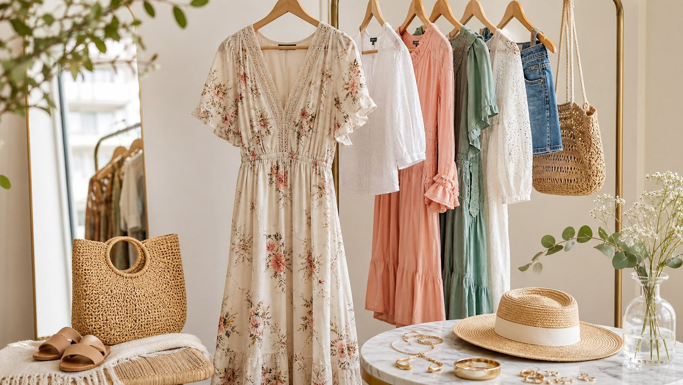 Zomerse Mapsy outfit met luchtige jurk, tas, hoed en sieraden