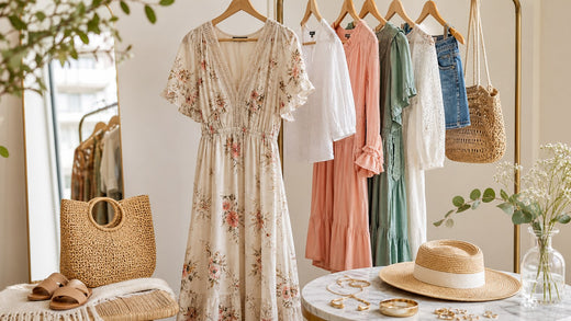 Zomerse Mapsy outfit met luchtige jurk, tas, hoed en sieraden