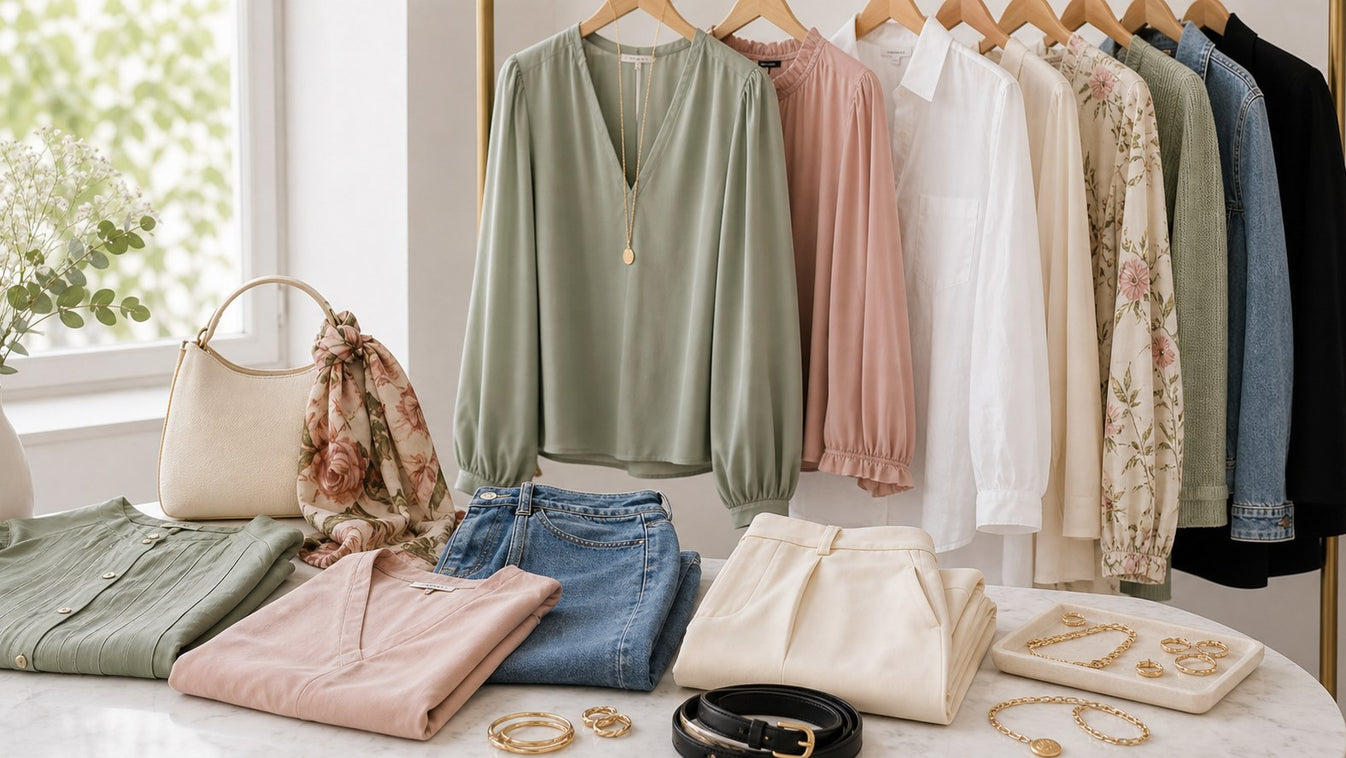 Rustige Mapsy kleurcombinaties met sage, blush, denim en accessoires