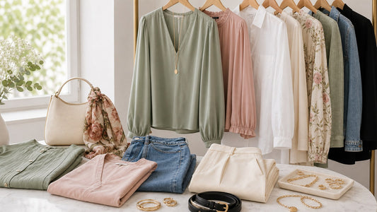 Rustige Mapsy kleurcombinaties met sage, blush, denim en accessoires