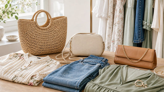Mapsy tassen en outfits gecombineerd op een boutique stylingtafel