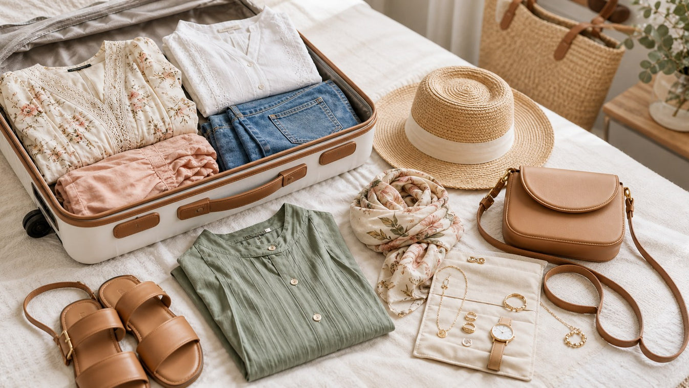 Weekend capsule outfit met koffer, jurk, blouse, hoed, tas en sieraden