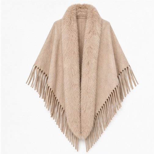 Suedine Driehoek Poncho met Franjes & Faux Fur Kraag