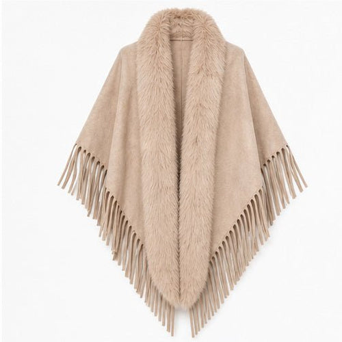Suedine Driehoek Poncho met Franjes & Faux Fur Kraag