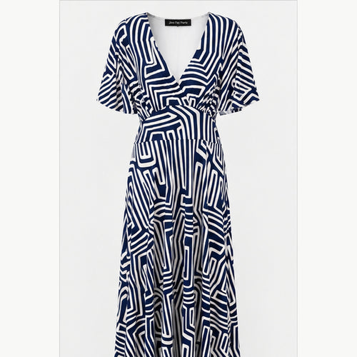 Jimi Fei Paris Maxi Jurk Dames - One Size - Navy Wit Geometrische Lijnen - front