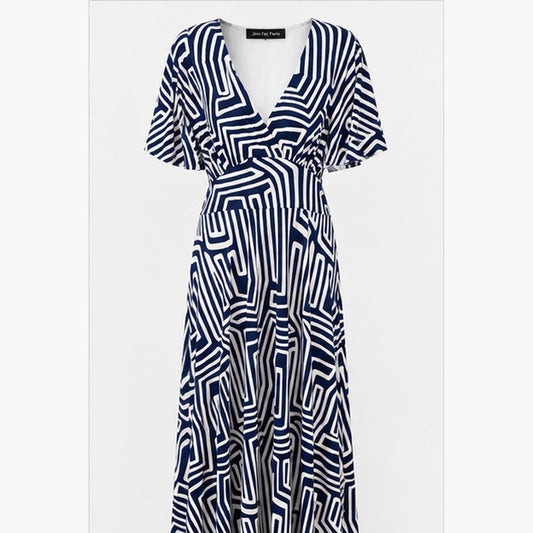 Jimi Fei Paris Maxi Jurk Dames - One Size - Navy Wit Geometrische Lijnen - front