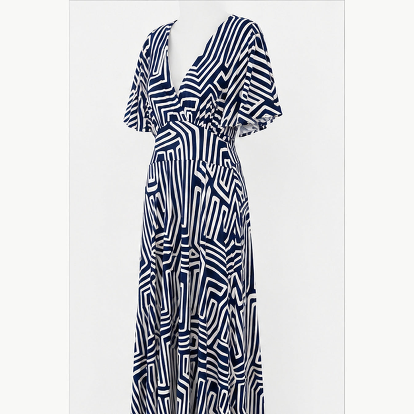 Jimi Fei Paris Maxi Jurk Dames - One Size - Navy Wit Geometrische Lijnen - side