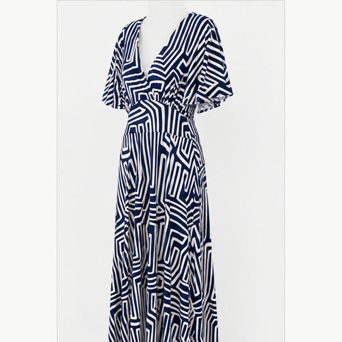Jimi Fei Paris Maxi Jurk Dames - One Size - Navy Wit Geometrische Lijnen - side
