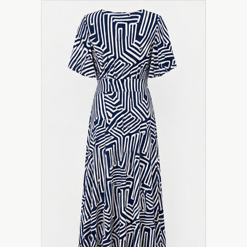 Jimi Fei Paris Maxi Jurk Dames - One Size - Navy Wit Geometrische Lijnen - back