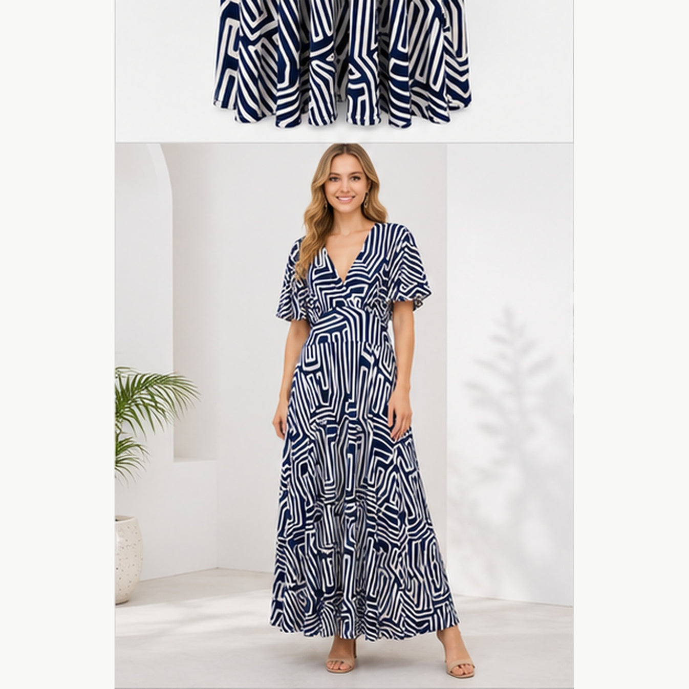 Jimi Fei Paris Maxi Jurk Dames - One Size - Navy Wit Geometrische Lijnen - on model