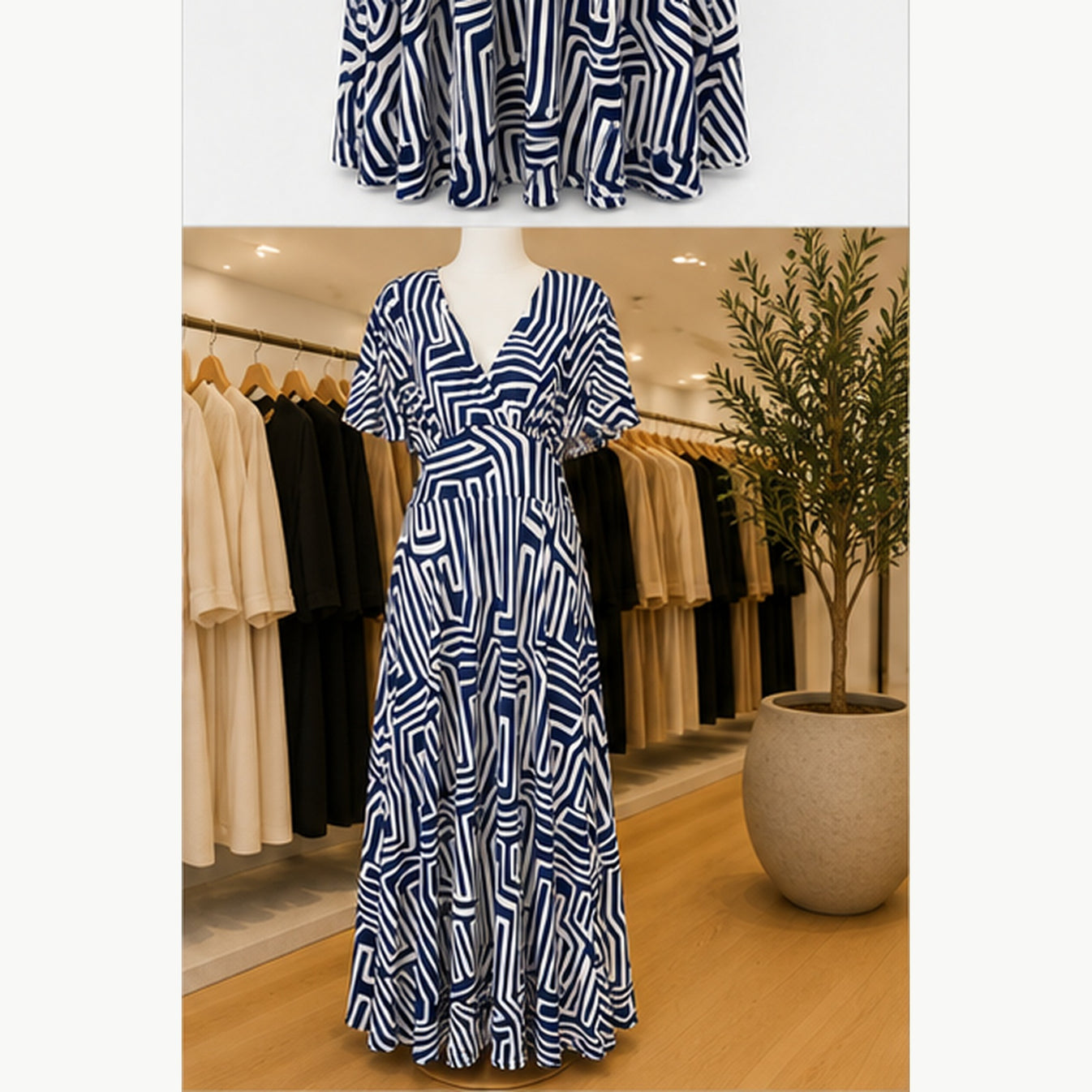 Jimi Fei Paris Maxi Jurk Dames - One Size - Navy Wit Geometrische Lijnen - in setting