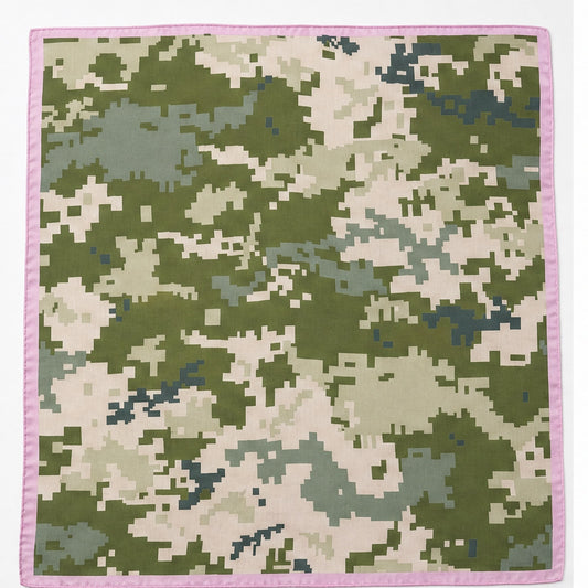 HS Zijde Look Sjaal 70x70 - Legergroen Pixel Roze Rand - vooraanzicht
