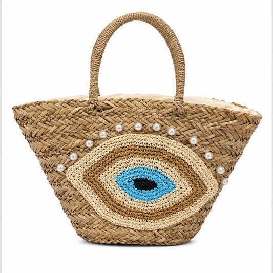 HS Ibiza Strandtas - Naturel Oog Turquoise Parel - vooraanzicht