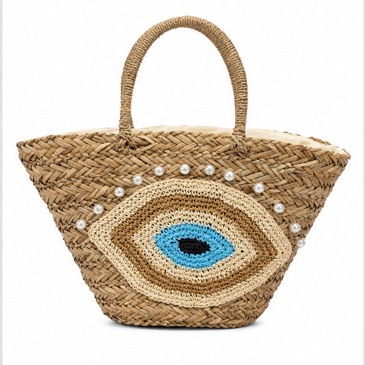 HS Ibiza Strandtas - Naturel Oog Turquoise Parel - vooraanzicht