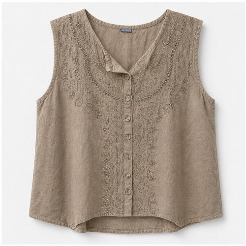 HS Mouwloos Shirt - Meerdere Kleuren - Taupe Borduursel - vooraanzicht