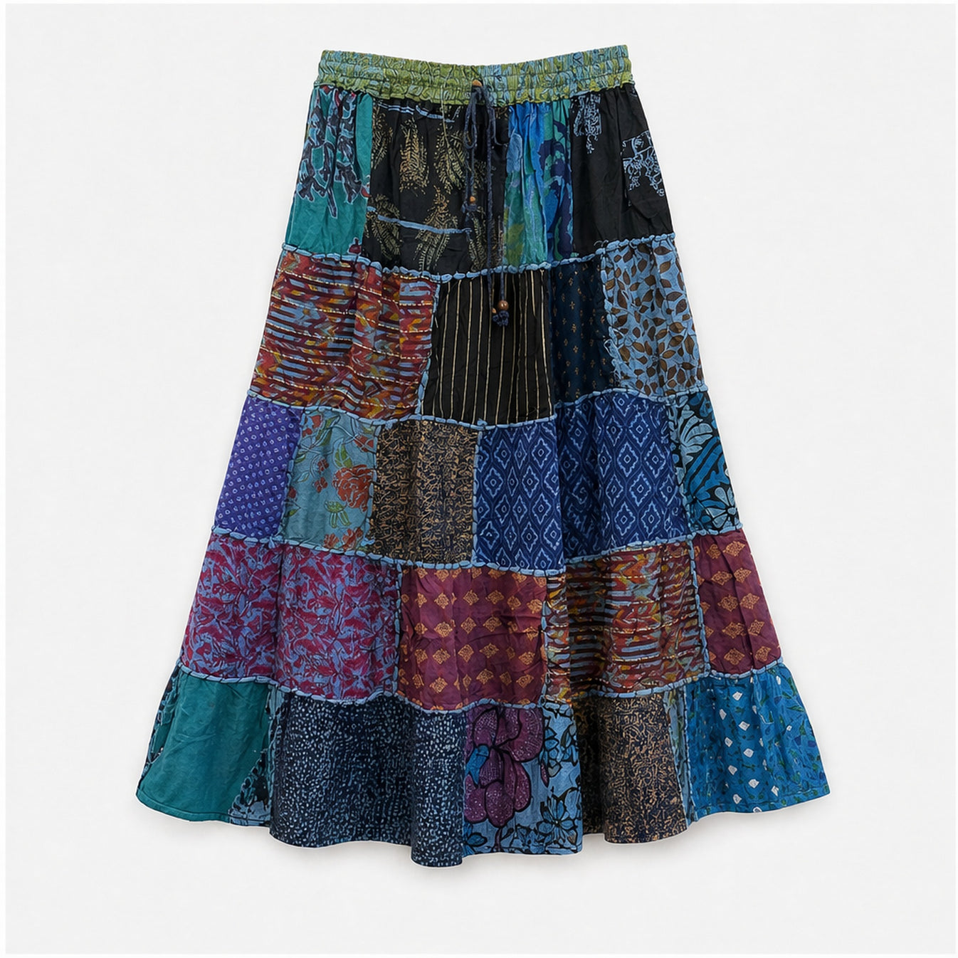 HS Rok Patchwork - Handmade in India - Blauw/Groen Multicolor Patchwork - vooraanzicht