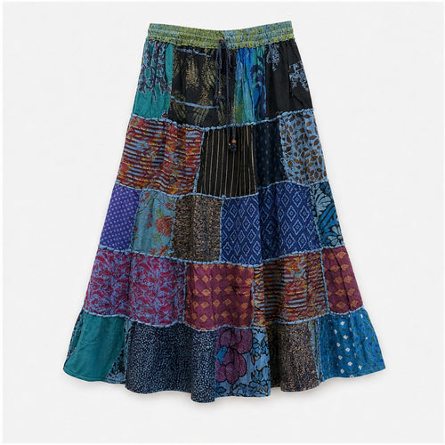HS Rok Patchwork - Handmade in India - Blauw/Groen Multicolor Patchwork - vooraanzicht