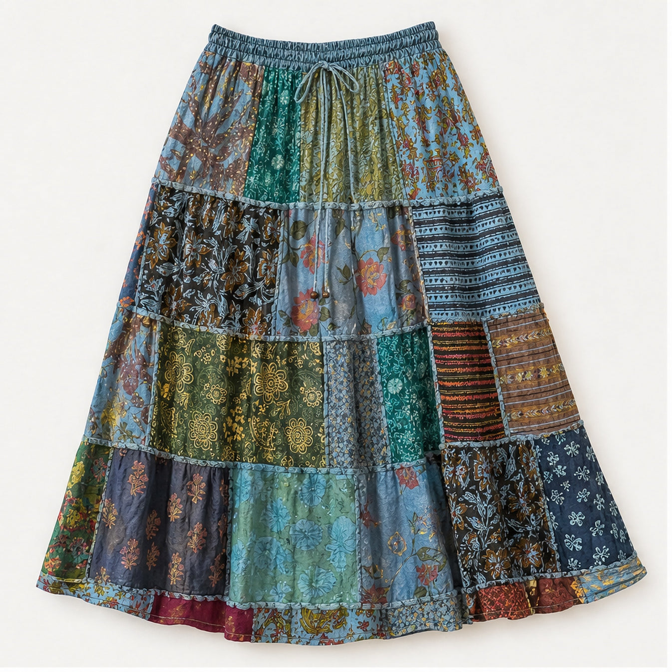 HS Rok Patchwork - Handmade in India - Blauw/Groen Patchwork - vooraanzicht