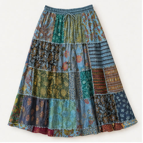 HS Rok Patchwork - Handmade in India - Blauw/Groen Patchwork - vooraanzicht
