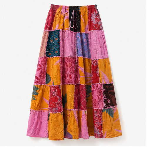HS Rok Patchwork - Handmade in India - Roze/Oranje Patchwork - vooraanzicht