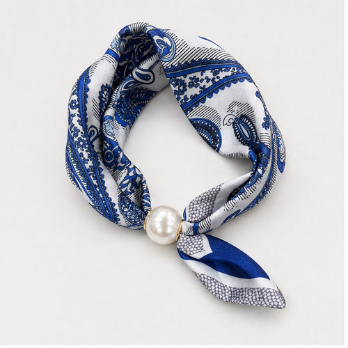HS Parelsjaal Satijnprint - Meerdere Prints - Blauw Paisley - vooraanzicht