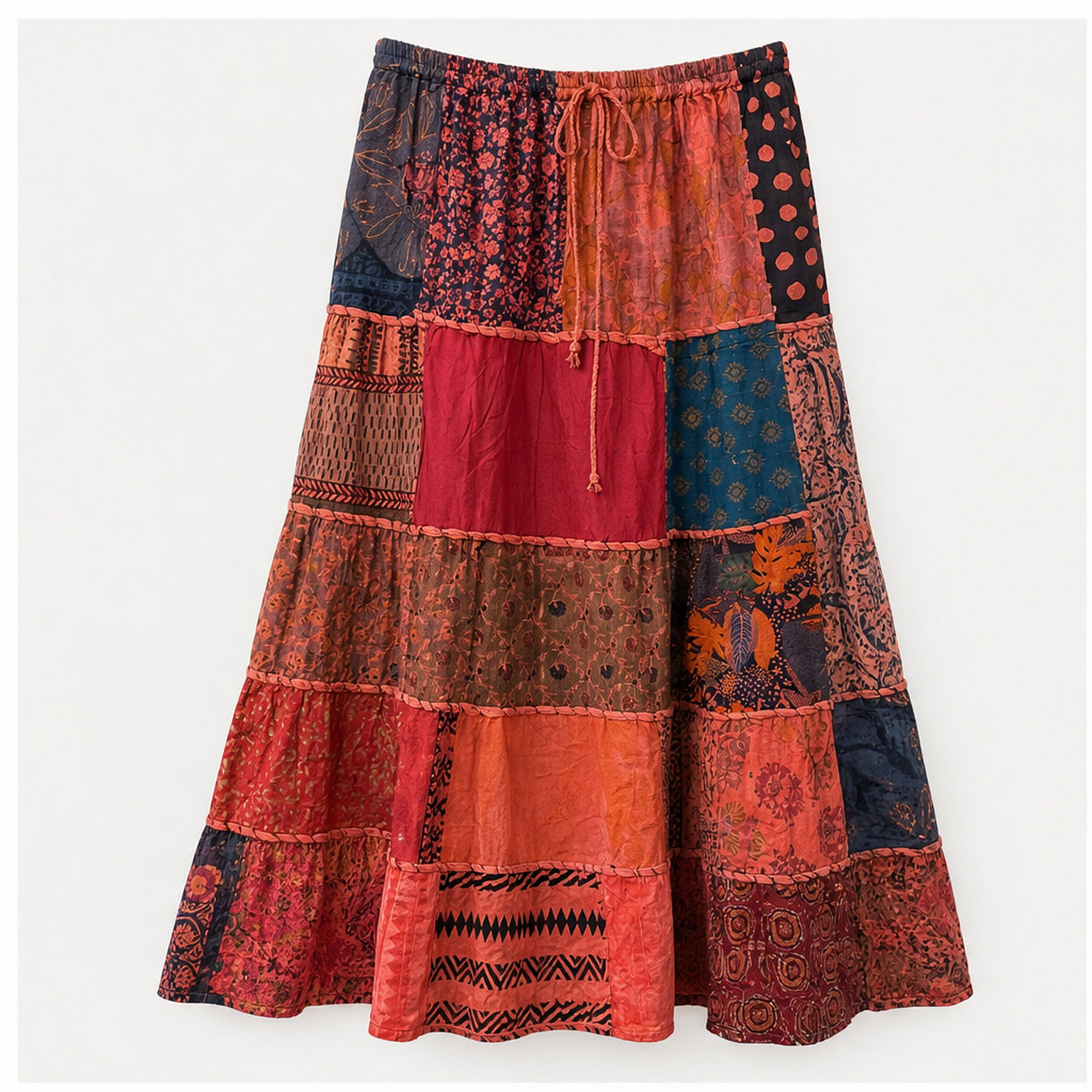 HS Rok Patchwork - Handmade in India - Rood/Roze Patchwork - vooraanzicht