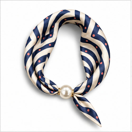 HS Parelsjaal - Navy Creme Grafische Print - Magnetische Parelsluiting - vooraanzicht