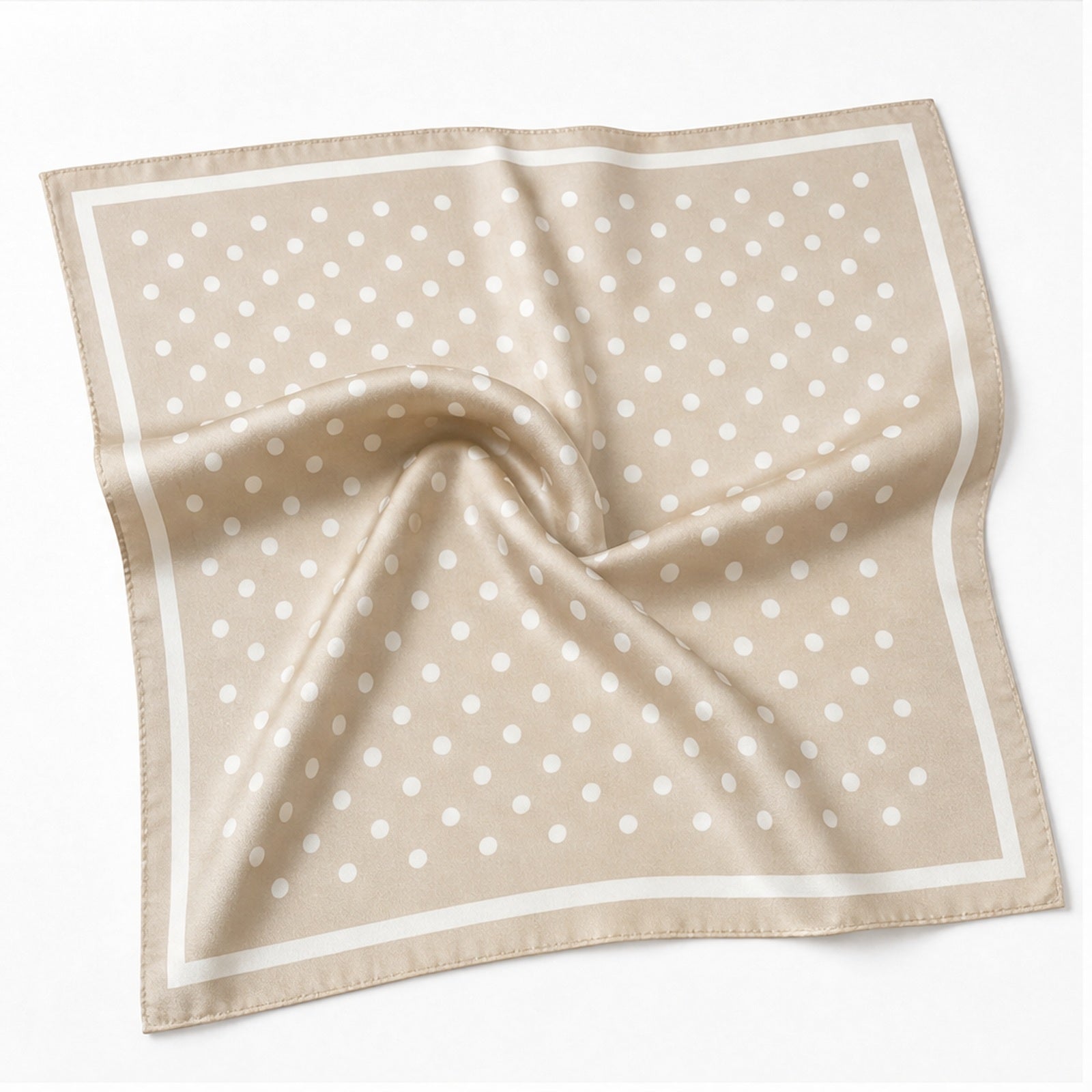 HS 70x70 Satijnen Look Sjaal Stippenprint - Meerdere Kleuren - Beige Witte Stippen - vooraanzicht