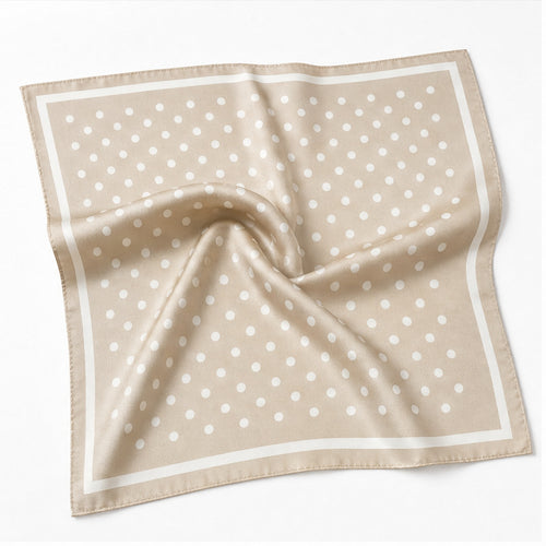 HS 70x70 Satijnen Look Sjaal Stippenprint - Meerdere Kleuren - Beige Witte Stippen - vooraanzicht