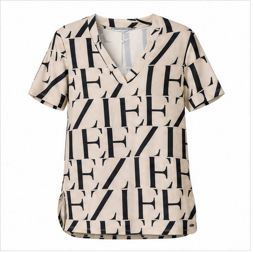 Angelle Milan Shirt - Beige Zwart Letterprint - vooraanzicht