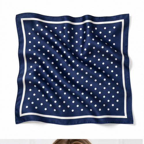 HS 70x70 Satijnen Look Sjaal Stippenprint - Meerdere Kleuren - Navy Witte Stippen - vooraanzicht