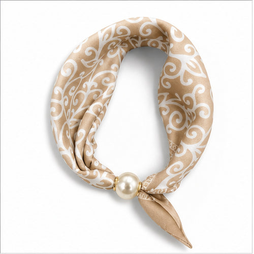 HS Parelsjaal - Beige Wit Ornamentprint - Magnetische Parelsluiting - vooraanzicht