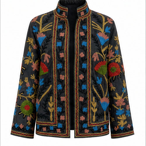 HS Luchtige Katoenen Damesjas Border Print - Zwart Folklore Print - vooraanzicht