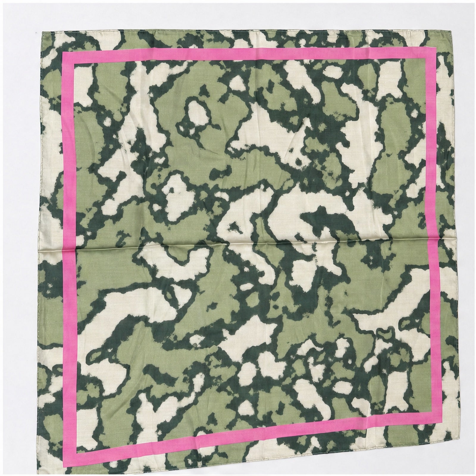 HS Zijde Look Sjaal 70x70 - Olijfgroen Marmer Fuchsia Rand - vooraanzicht