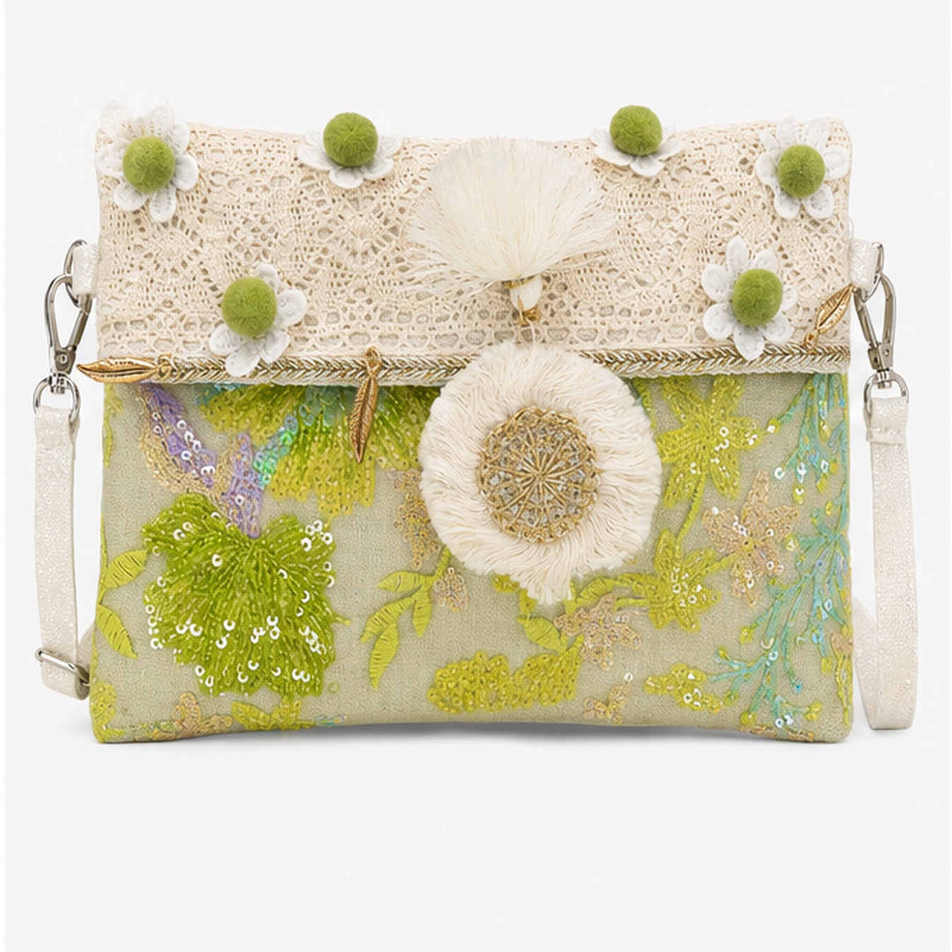 HS crossbody tas Lime Bloemen Borduursel - vooraanzicht
