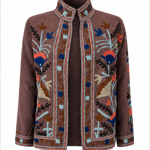 HS Luchtige Katoenen Damesjas Border Print - Bruin Bohemian Print - vooraanzicht