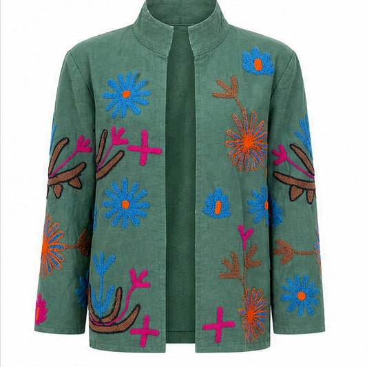 HS Luchtige Katoenen Damesjas Garden Bloemenprint - Groen Bloemenprint - vooraanzicht