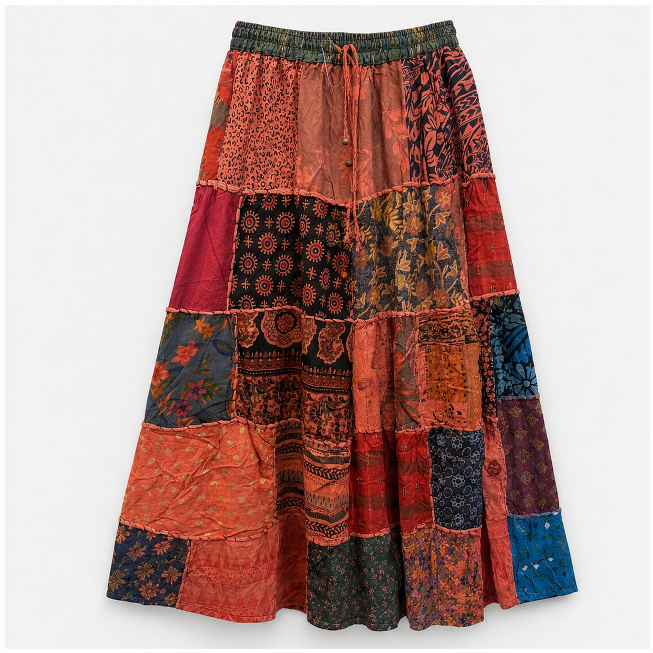 HS Rok Patchwork - Handmade in India - Rood/Oranje Patchwork - vooraanzicht