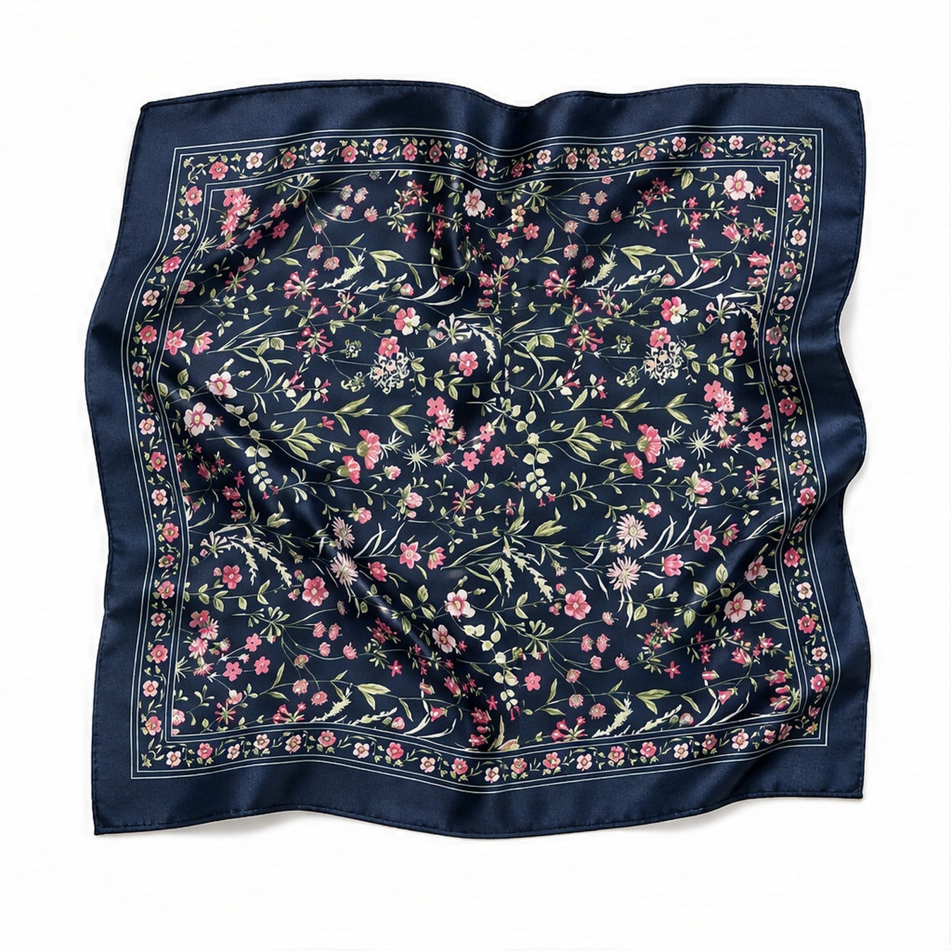 HS 70x70 Satijnen Look Sjaal Bloemenprint - Meerdere Prints - Navy Bloemenprint - vooraanzicht
