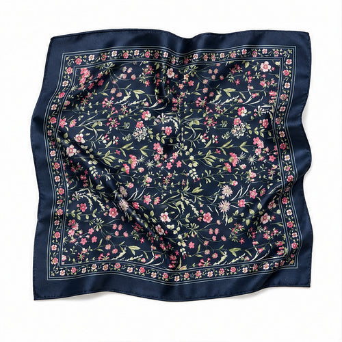 HS 70x70 Satijnen Look Sjaal Bloemenprint - Meerdere Prints - Navy Bloemenprint - vooraanzicht