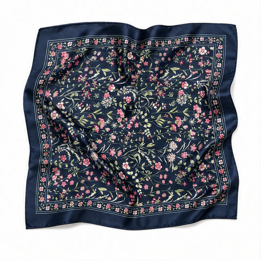 HS 70x70 Satijnen Look Sjaal Bloemenprint - Meerdere Prints - Navy Bloemenprint - vooraanzicht
